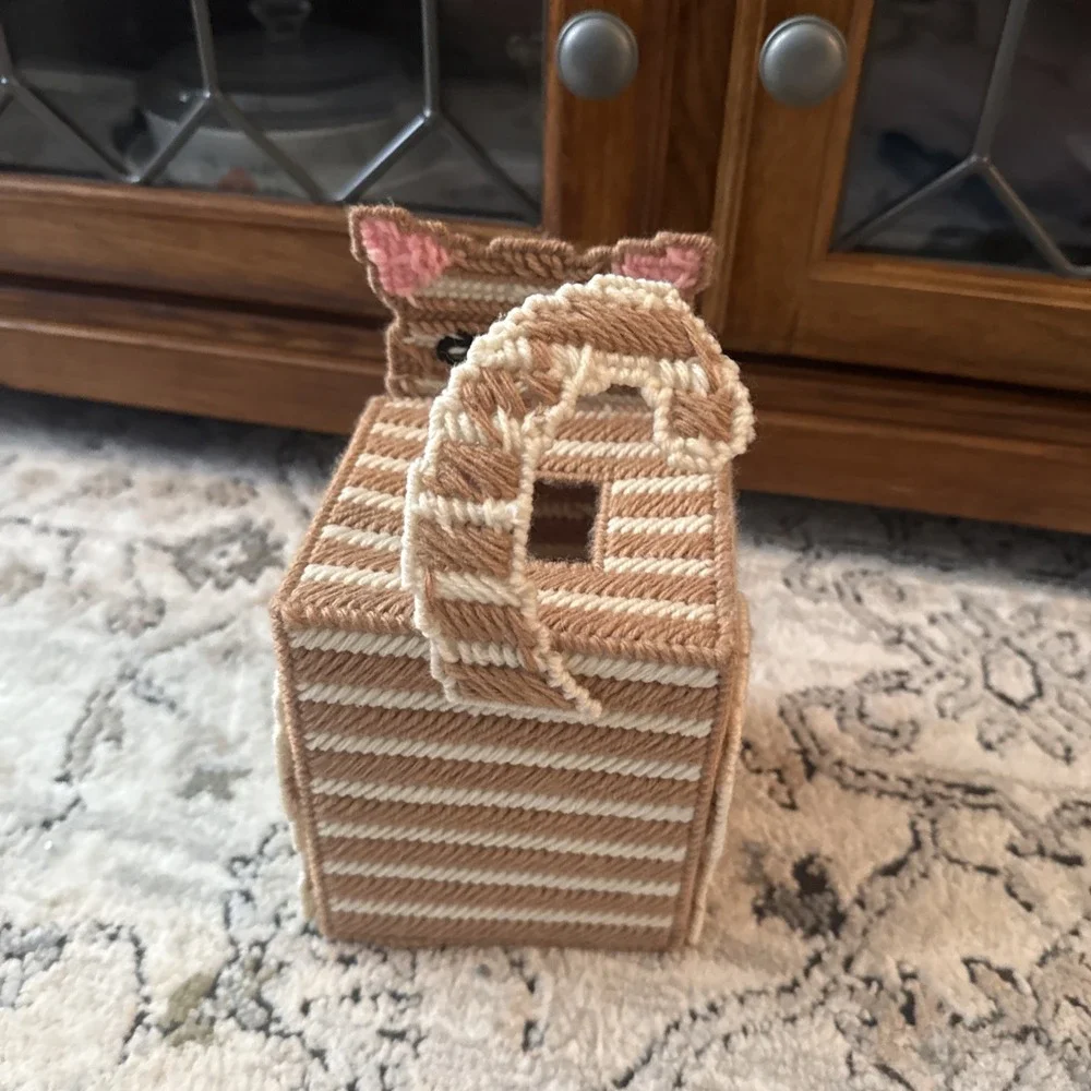 Handmade Smiling Cat 3D Plastic Canvas Tissue Box Cover